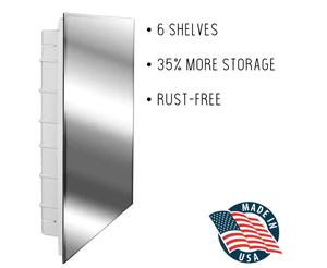 Glacier Bay Spacecab Rectangular Frameless Recessed Medicine Cabinet with Polished Edge Mirror and 6-Shelves - White,  16 in. W X 26 in. H (Retail $109.69)
