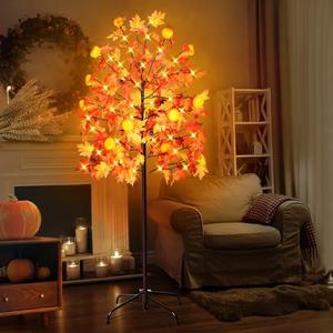 SURCVIO Thanksgiving 6 Feet Prelit Maple Tree Decorations 128 Warm LEDs Lights Thanksgiving Fall Harvest Decor Pinecones Pumpkin Lights Artificial Tree for Home Indoor and Outdoor Decoration