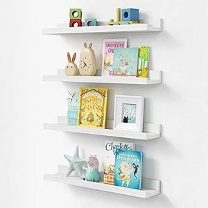 Forbena White Nursery Book Shelves Wall Mounted Set of 4, 23 Inch Long Floating Bookshelf for Kids Room, Wood Picture Ledge Shelf for Living Room Bedroom Corner, Baby Child Toddler Bookshelves