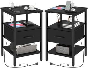 Nightstands Set of 2 with Charging Station and Drawers, Large Bedside Table End Table Side Tables with USB Ports &#38; Outlet, Wood Night Stands for Bedroom Living Room Entryway Nursery Dorm, Black