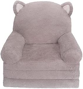 MONKISS Kids Couch Fold Out Soft Toddler Chairs,Toddler Armrest Chair Bed for Play,Gift for 0-3 Years,Grey Kitty