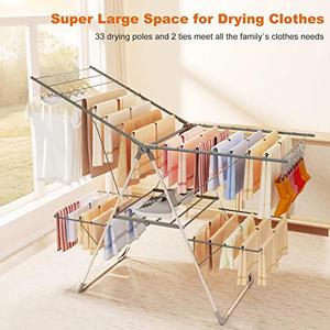 Bigzzia Clothes Drying Rack Foldable, 2-Level Large Laundry Drying Rack for Indoor Outdoor, Stainless Steel Stand Drying Rack Clothing, Easy to Fold, 142cm