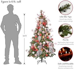 WBHome 5FT Pre-lit Artificial Christmas Tree with 200 Plug-in LED Lights and Ornaments Set Package, Peppermint &#38; Gingerbread Themed Christmas Decorations