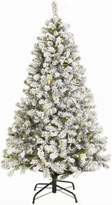 WBHome 5 Feet Snow Flocked Christmas Tree, Pre-lit Premium Spruce Hinged Artificial Christmas Tree with 200 Lights, 420 Branch Tips