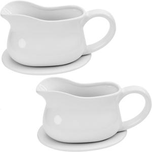 Gonioa 17oz Ceramic Gravy Boat with Saucer Stand, Set of 2, Porcelain Gravy Boat with Dripless Lip Spout, Serving Dish for Salad Dressings, Creamer, Warming Sauces, Microwave &#38; Freezer Safe (White)