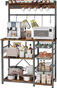 Kalrin Large Bakers Rack with Power Outlets, 15 Hooks Coffee Bar with 3 Wire Basket, Microwave Stand Kitchen Storage Shelf for Spices, Cups, Pots, 38.8 x 16.3 x 62.2 Inches, Rustic Brown