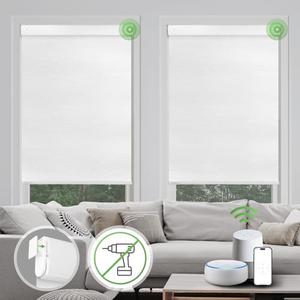 MUSCLEAREA Motorized Blinds with Remote,Upgraded to?Automatic Blinds No Drill? Grasscloth Fabric,Smart Blinds,Cordless Roller Shades,Electric Blinds for Windows,Work with Alexa/Google,White 23&#34; Wx72H