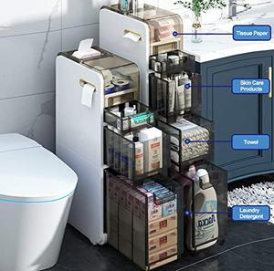 WEAFIEO 4-Tiers Bathroom Floor Storage Cabinet Narrow Slim Tall Movable Towel Organizer Side Freestanding Rolling Unit with Clear Drawers for Small Space Laundry Living Room Gap