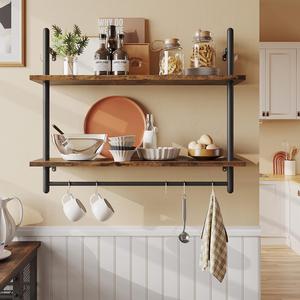 Bestier Pipe Shelf Industrial Floating Shelving 31&#34; Kitchen Wall-Mounted Shelf with Towel Bar Hooks Coffee Bar Shelf Wine Hanging Display Rack Bookshelf Living Room Decor Bathroom-Rustic Brown