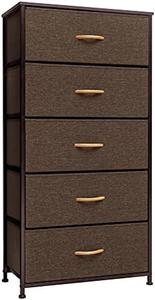 Crestlive Products Vertical Dresser Storage Tower - Sturdy Steel Frame, Wood Top, Easy Pull Fabric Bins, Wood Handles - Organizer Unit for Bedroom, Hallway, Entryway, Closets - 5 Drawers(Brown)