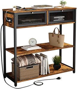 SOOWERY Console Table with Charging Station, 32&#39;&#39; Entryway Table with Doors, Sofa Table Narrow Long with 3 Tiers Open Wood Storage Shelves, for Living Room, Entryway, Foyer, Brown