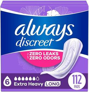 Always Discreet Adult Incontinence Pads for Women and Postpartum Pads, Extra Heavy Long, up to 100% Bladder Leak Protection, 112 Count (Packaging May Vary), Partially Damaged, Retail price $53