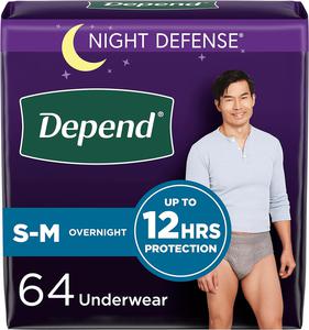 Depend Night Defense Adult Incontinence Underwear for Men, Disposable, Overnight, Small/Medium, Grey, 64 Count (4 Packs of 16), Packaging May Vary , New, Retail price $57