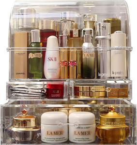 Large Acrylic Makeup Organizer With Lid Cosmetic Storage Drawers Portable Makeup Organizers Dustproof And Waterproof Box For Women (Gold/Clear, 11.8inx 14in x 7in), New,