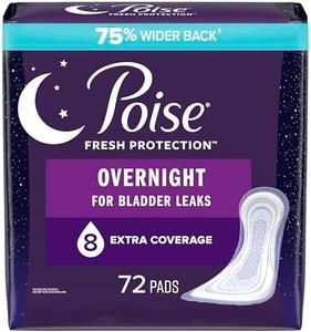 Poise Incontinence Pads &#38; Postpartum Incontinence Pads, 8 Drop Overnight Absorbency, Extra-Coverage Length, 72 Pads (2 Packs of 36), Packaging May Vary, New,