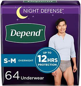 Depend Night Defense Adult Incontinence Underwear for Men, Disposable, Overnight, Small/Medium, Grey, 64 Count (4 Packs of 16), Packaging May Vary, New, Retail price $57