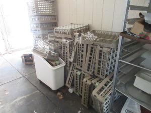 Group of Assorted Pass-Thru Dishwasher Racks, White Rolling Container, Assorted Kitchen Items and Metro Plastic Dunnage Rack (Dock)