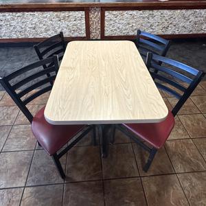 Commercial Dining Table and (4) Dining Chairs with Maroon Upholstered Cushioned Seats