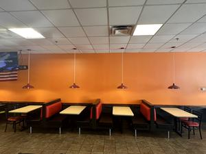(3) Commercial Double Sided Dining Booth Benches, (4) Commercial Dining Table and (4) Dining Chairs with Red Upholstered Cushioned Seats