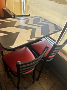 Commercial High Top Dining Table with Chevron Pattern Top and (4) Dining Bar Stools with Red Upholstered Cushioned Seats