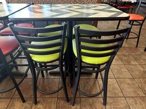 Commercial High Top Dining Table with Chevron Pattern Top and (4) Dining Bar Stools with Green Upholstered Cushioned Seats