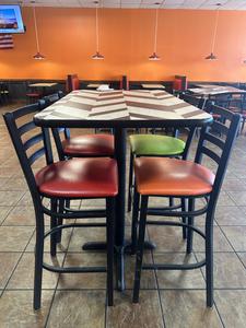 Commercial High Top Dining Table with Chevron Pattern Top and (4) Dining Bar Stools with Green, Orange and Red Upholstered Cushioned Seats
