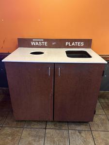 Commercial Restaurant Waste Bin Cabinet with Bus Tub and Rubbermaid Brute Trash Can with Dolly