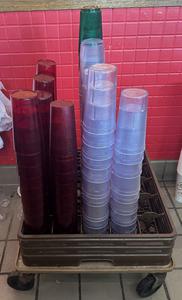 Group of Plastic Drink Cups with Dish Washing Rack and Dolly