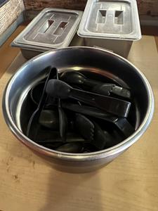 Group of Commerical Plastic Tongs and Stainless Steel Food Bins