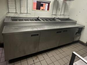 Cleveland Commercial Stainless Steel 3-Door Refrigerated Pizza Prep Station - Model M4EM-0075-CAA-244 - And (4) Wall Mounted Pizza Tray Holders