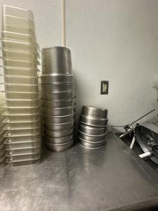 Large Group of Stainless Steel and Plastic Food Storage Bins