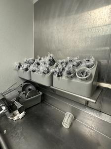 (3) Commercial Plastic Untecils Holders with Plastic Utencils and Commercial Slicers and Attachments