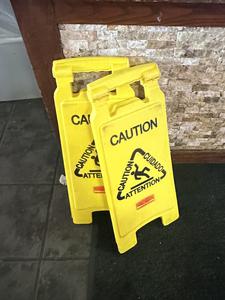 (2) Commercial A-Frame Wet Floor Caution Signs and Trash Can