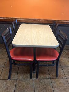 Commercial Dining Table and (4) Dining Chairs with Red Upholstered Cushioned Seats