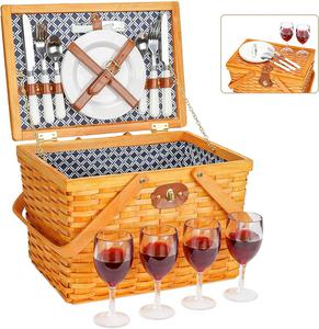 Picnic Basket Set for 4 Person, Handmade Woodchip Basket with Double Handles &#38; Lid, Cutlery Service Kit, Best Gift for Couple, Valentine&#39;s Day,Christmas, Birthday, Wedding, Outdoor, Camping. (New)