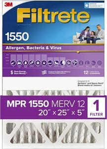 3M Filtrete 20x25x5 Air Filter MPR 1550 DP MERV 12, Deep Pleat, Fits Lennox &#38; Honeywell Devices