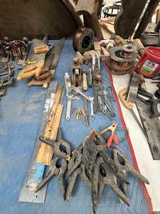 Large Group of Wood Shavers Clamps Measuring Sticks and Wrenches
