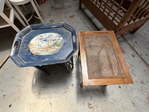 Blue Metal Serving Table and Wooden Table 