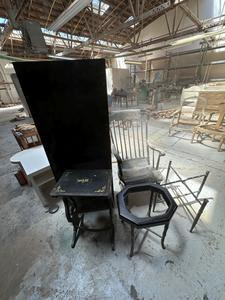Group Of Wood TV Trays, Chair And Cabinet With Wheels 