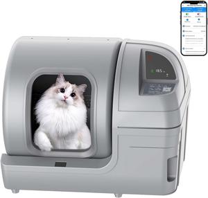 ($399.98)  Automatic Cat Litter Box Self Cleaning 100L Extra Large Cat Litter Box with APP Control(2.4G/5G Wi-Fi) &#38; Safe Alert &#38; Smart Health Monitor, Odor Removal Litter Box for Multiple Cats, Grey,Pre Owned