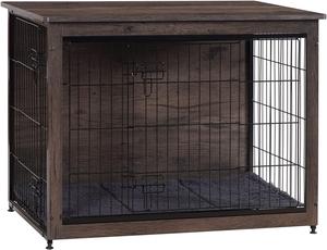 ($179.99)  DWANTON Dog Crate Furniture with Cushion, Medium Wooden Dog Crate with Double Doors, Dog Furniture, Indoor Dog Kennel, End Table, Medium, 32.5&#34; L, Dark Grey,New