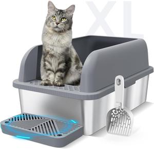 ($119.99)  Enclosed Stainless Steel Cat Litter Box with Lid Extra Large Litter Box for Big Cats XL Metal Litter Pan Tray with High Wall Sides Enclosure, Non-Sticky, Anti-Leakage (Dark Grey),New
