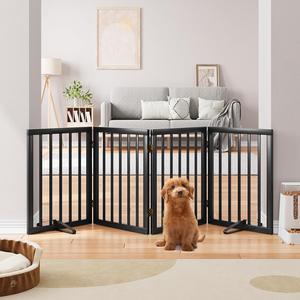 ($69.99)  Semiocthome Solid Bamboo Dog Gate with 2 Stands, Freestanding Pet Gates for Doorways and Stairs, 24&#34; Height-4 Panels Puppy Gate for the House, Fully Assembled Indoor Gate Adjustable Safety Fence-Black,Pre Owned