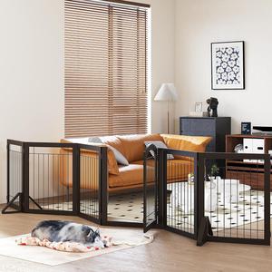 ($149.99)  PAWLAND 144-inch Extra Wide 30-inches Tall Dog gate with Door Walk Through, Freestanding Wire Pet Gate for The House, Doorway, Stairs, Pet Puppy Safety Fence, Support Feet Included, Espresso,6 Panels,Partially damaged