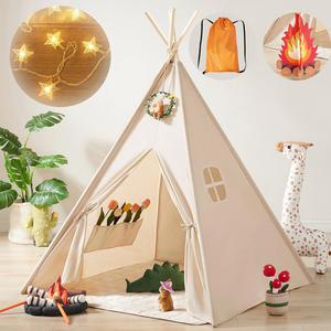 Tiny Land Kids-Teepee-Tent with Lights &#38; Campfire Toy &#38; Carry Case, Natural Cotton Canvas Toddler Tent - Washable Foldable Teepee Tent for Kids Indoor Tent, Outdoor Play Tent for Girls &#38; Boys,New