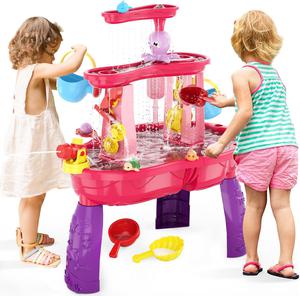 Water Table for Toddlers 1-3 3-5, 3-Tier Kids Splash Sand Table Water Toys, Rain Showers Splash Pond for Outdoor Beach Backyard Summer, Activity Sensory Play Table for Girls, Pink,New