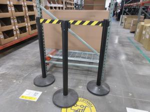 (3) U-Line Black Crowd Control Posts with Retractable Belt - Black/Yellow
