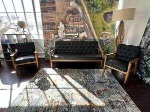 Button Tufted Upholstered Lobby Bench and (2) Arm Chairs 
