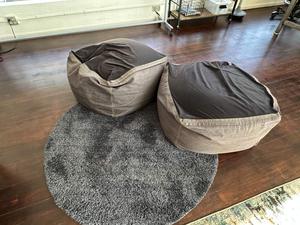 Grey Round Mat and (2) Poof Stools