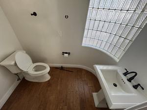 Square Pedestal Sink with Tuscan Bronze Faucet and Kohler Elongated Toilet 